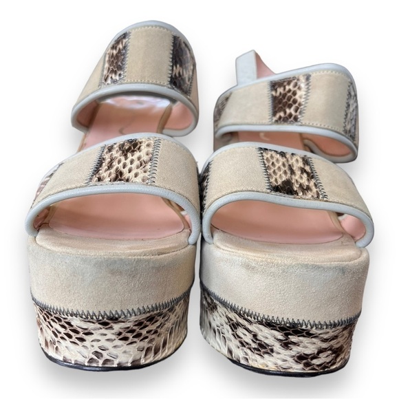 Opening Ceremony Cream Suede Leather & Snakeskin Ankle Strap Platform Wedges - Picture 8 of 12